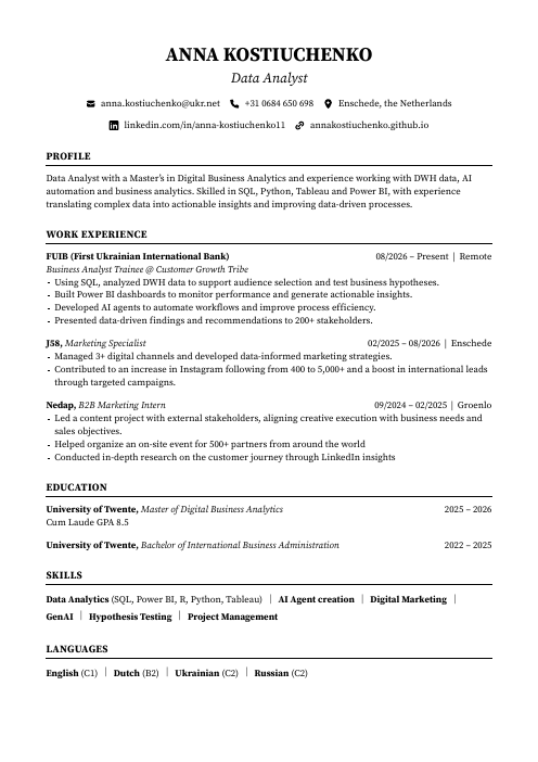 Preview of Anna Kostiuchenko's one-page CV